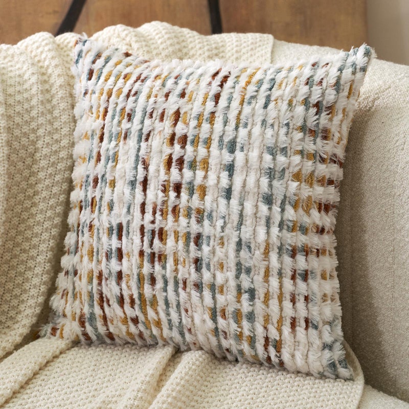 Aeckself Boho Chenille Tufted Pillow Cover 20 x 20 Inch Decorative Square Throw Pillow Cover Neutral Pillowcase for Couch Bedroom Living Room Orange White