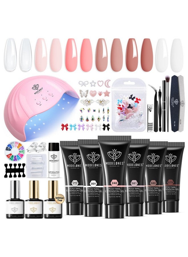 Modelones Poly Extension Gel Nail Kit, 6 Colors Pink Nude with 48W Nail Lamp Slip Solution 3D Bow Nail Charms Decoration Rhinestone Glitter Kit for Nail Manicure Beginner Starter Kit DIY at Home - Image 1