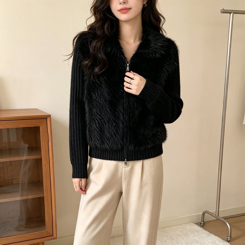 Women's Faux Fur Collar Knitted Cardigan - Image 4