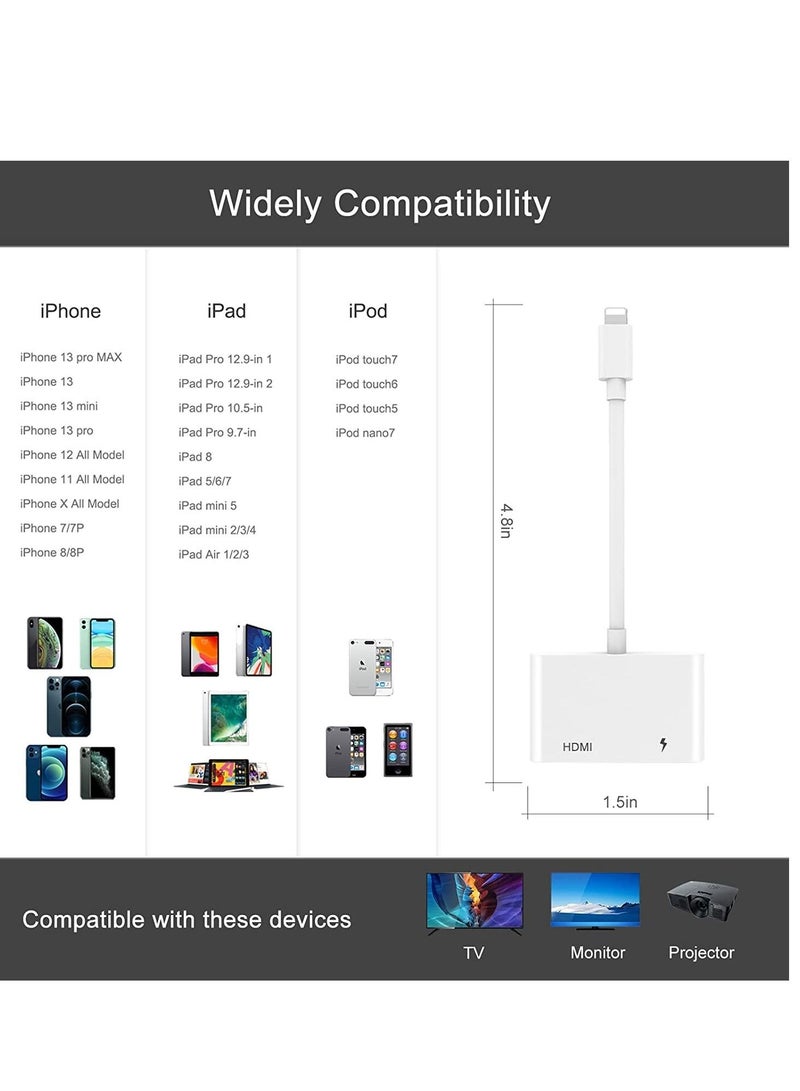 HDMI Adapter for iPhone,HDMI Sync Screen Converter, 1080P HDMI Digital AV Adapter with Charing Port,Compatible with iPhone 13/12/11/X/8/7/ iPad/ iPod to HD TV/Monitor/Projector. [No Need Power] - Image 4
