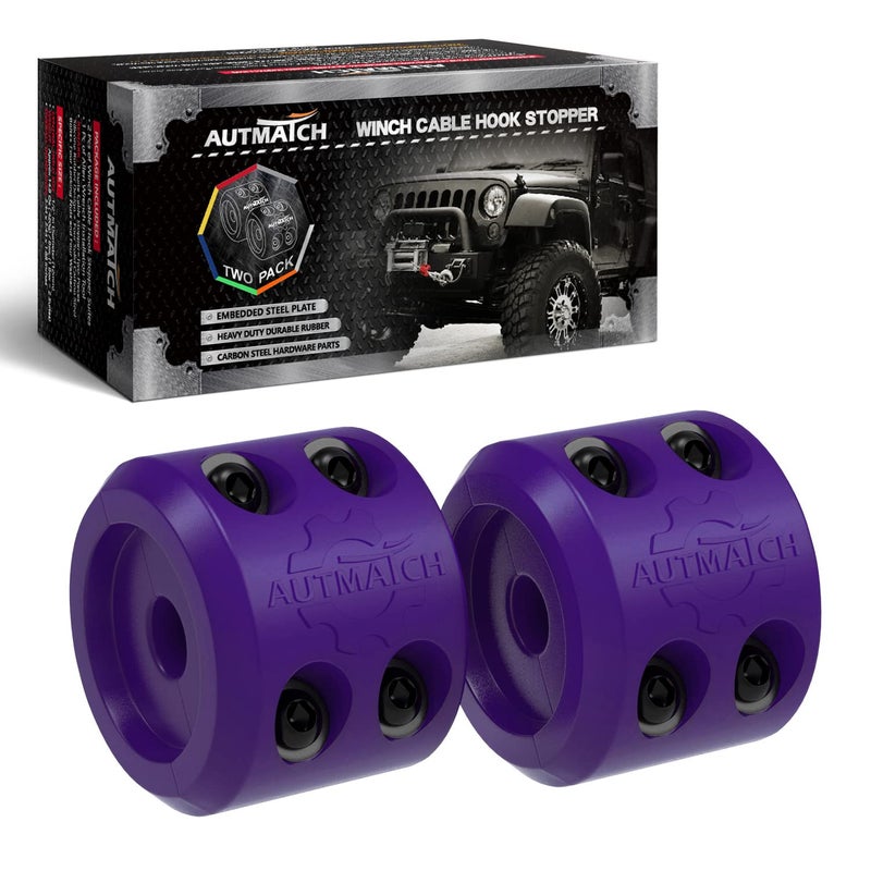 AUTMATCH Winch Cable Hook Stopper 2 Pack Silicone Rubber Winch Stopper for Wire  Synthetic Rope Winch Line ATV UTV Shock Absorbent Prevent Pulling Bounce and Abrasion Purple