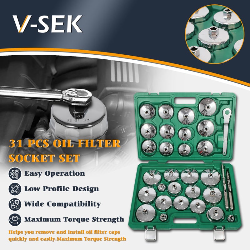 V-SEK مجموعة مفاتيح فلتر الزيت V-SEK، مجموعة مفاتيح فلتر الزيت 31 قطعة، أداة إزالة غطاء فلتر الزيت، محرك 1/2" من الفولاذ المقاوم للصدأ 27 مم 32 مم 36 مم 64 مم-101 مم متوافقة مع فولفو، بي إم دبليو، تويوتا، نيسان، إلخ - Image 2