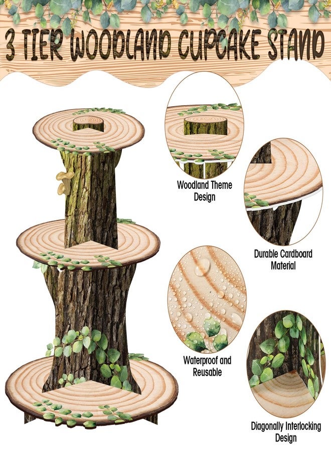 Zopeal Woodland Cupcake Stand Forest Cupcake Holder Wood Grain Cardboard Cake Topper Woodland Party Decoration for Green Nature Theme Baby Shower Birthday Wedding Party Supplies - Image 3