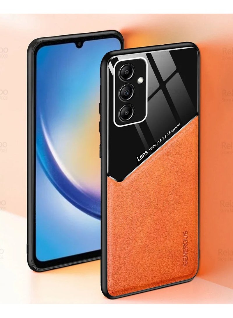 Case Compatible With Samsung Galaxy A34 Cover Luxury Leather And Glass With Car Magnetic Holder Phone Cover Soft Frame Silicone (Black) - Image 3