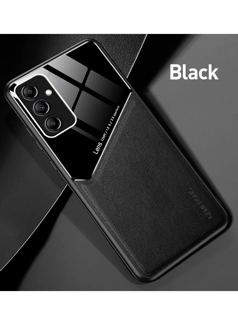 Case Compatible With Samsung Galaxy A34 Cover Luxury Leather And Glass With Car Magnetic Holder Phone Cover Soft Frame Silicone (Black) - Image 1