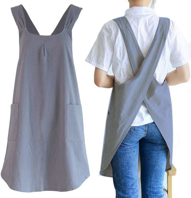 NEWGEM Japanese Linen Cross Back Cooking Aprons for Women Men with Pockets Cute for Baking Kitchen - Image 1