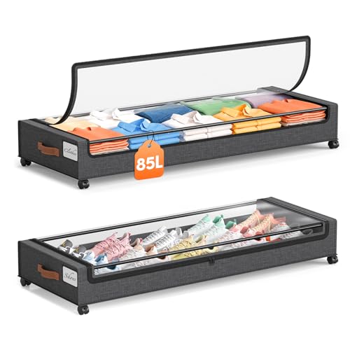 Yecaye 85 L Under Bed Storage with Wheels 2 Pack Extra Large Under Bed Storage Containers with Metal Frame Clear Lid Rolling Underbed Organizer Bins Drawers for Clothes Shoes Blankets Hemp Grey - Image 1