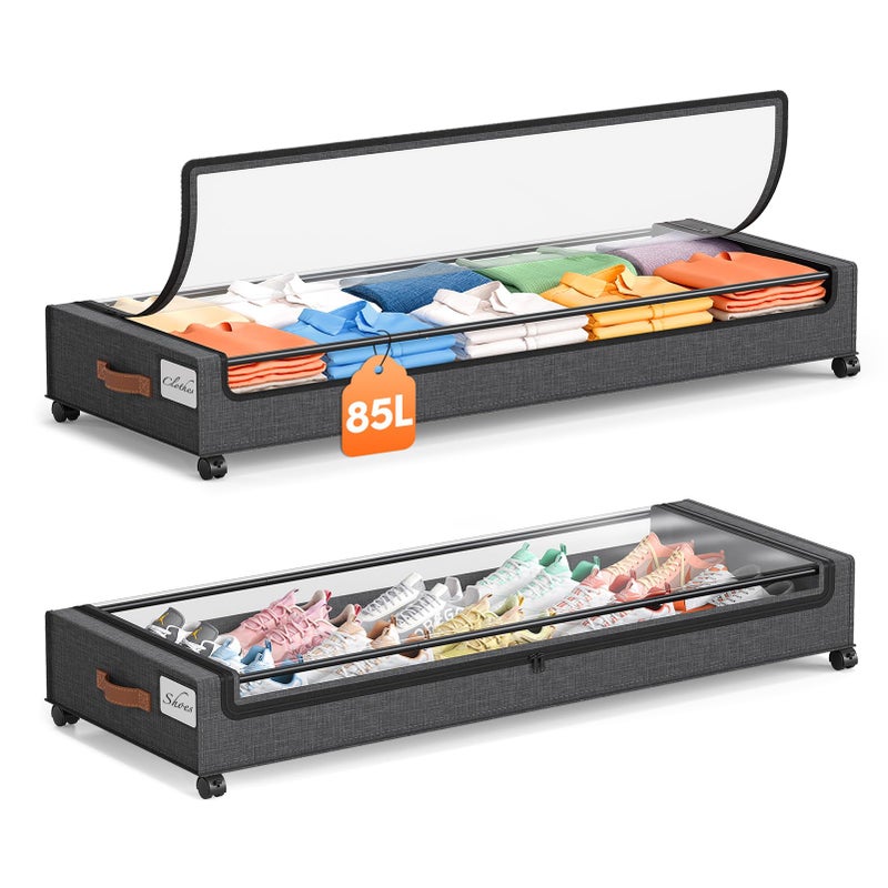Yecaye 85 L Under Bed Storage with Wheels 2 Pack Extra Large Under Bed Storage Containers with Metal Frame Clear Lid Rolling Underbed Organizer Bins Drawers for Clothes Shoes Blankets Hemp Grey - Image 2