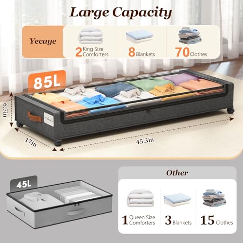 Yecaye 85 L Under Bed Storage with Wheels 2 Pack Extra Large Under Bed Storage Containers with Metal Frame Clear Lid Rolling Underbed Organizer Bins Drawers for Clothes Shoes Blankets Hemp Grey - Image 3