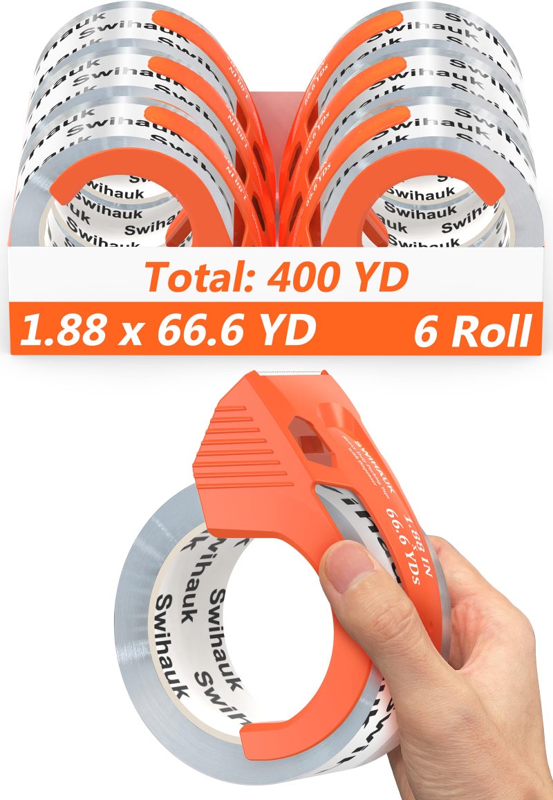 Swihauk Total 400 yd, 6 Pack 1.88 in x 66.6 yd - Heavy Duty Packing Tape with Dispenser Combo, Clear Shipping Tape, Packaging Tape, Package Tape for Shipping Moving Storage and Mailing, w30200 - Image 1