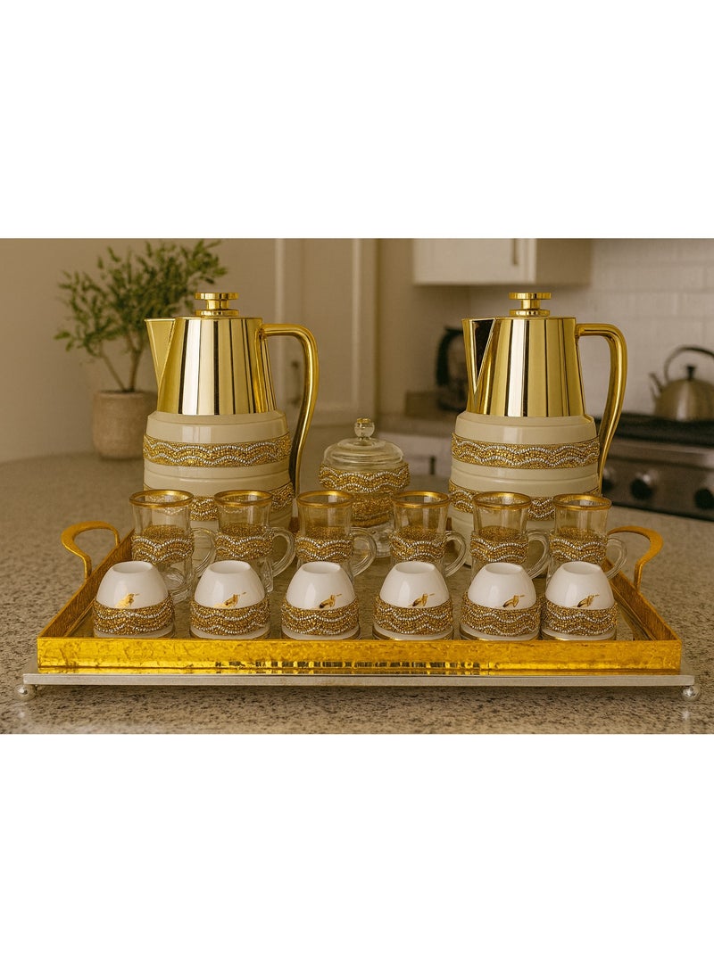 Damanhoor 22Pieces New Full Set Thermose 2Thermos 6Teacup With 6saucer 6Guava Cup 1Sugar Bowl 1Tray - Image 1