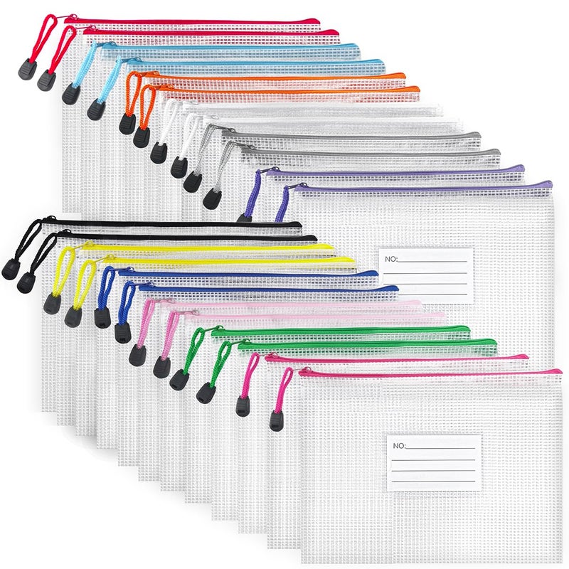 BOPART 24pcs Small Mesh Zipper Pouch Bags 9.3x6.9 Inches Plastic Zip File Bags A5 with Label Pocket for School Office Supplies, Board Game Storage, Puzzle Bags for Organizing - Image 1