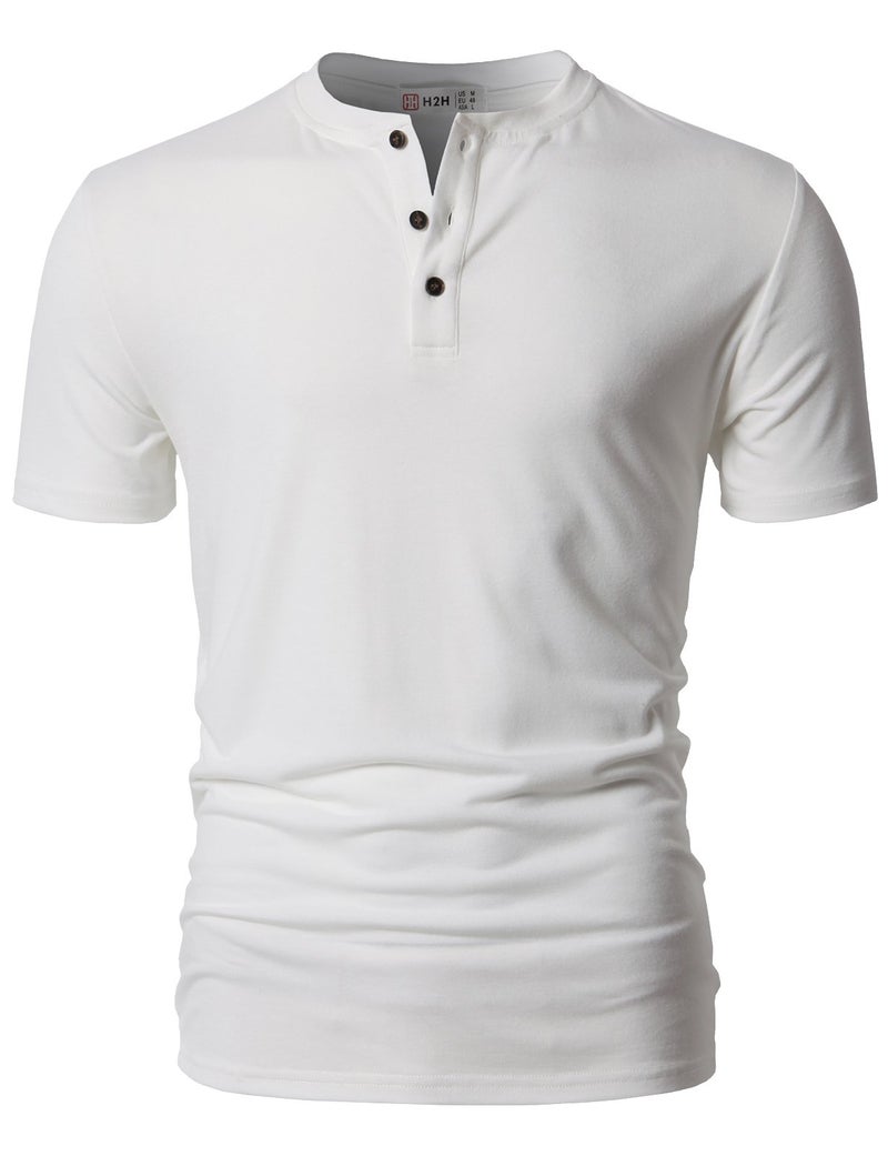 H2H Men's Slim Fit Button-Front Short Sleeve T-Shirt in Solid Color White US L/Asia XL (CMTTS0203) - Image 2