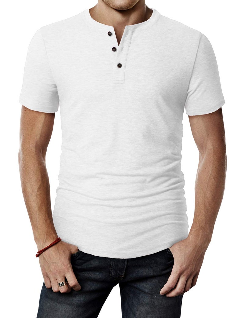 H2H Men's Slim Fit Button-Front Short Sleeve T-Shirt in Solid Color White US L/Asia XL (CMTTS0203) - Image 1