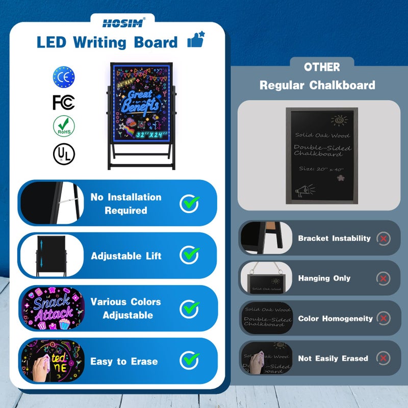 Hosim Standing A-Frame LED Message Writing Board, 32â€x 24" Illuminated Erasable Neon Restaurant Menu Sign Board with 8 Colors Markers & 16 Lighting Colors DIY Chalkboard Light Up Sign - Image 4