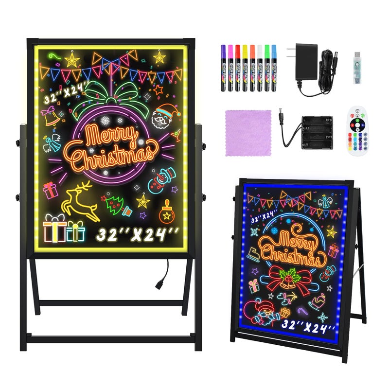 Hosim Standing A-Frame LED Message Writing Board, 32â€x 24" Illuminated Erasable Neon Restaurant Menu Sign Board with 8 Colors Markers & 16 Lighting Colors DIY Chalkboard Light Up Sign - Image 1