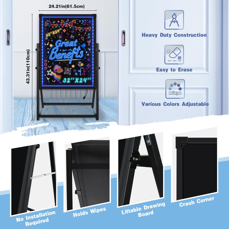 Hosim Standing A-Frame LED Message Writing Board, 32â€x 24" Illuminated Erasable Neon Restaurant Menu Sign Board with 8 Colors Markers & 16 Lighting Colors DIY Chalkboard Light Up Sign - Image 2
