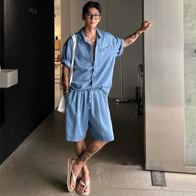 Lyocell Tencel Style Casual Suit for Men, Summer Thin Short-Sleeved Shirt Paired with Quick-Dry Shorts Two-Piece Set