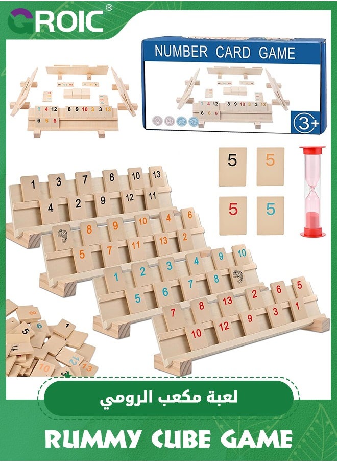 GROIC - Wood Rummy Cube Game Set, Large and Bright Number Edition Rummy Tiles, Family Classic Board Games Learning Puzzle Games for Kids & Aldults with 106 Tiles, 4 Playing Rack, 1 Timer (2-4 Players) - Image 1