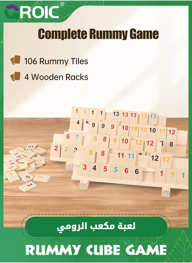 GROIC - Wood Rummy Cube Game Set, Large and Bright Number Edition Rummy Tiles, Family Classic Board Games Learning Puzzle Games for Kids & Aldults with 106 Tiles, 4 Playing Rack, 1 Timer (2-4 Players) - Image 1