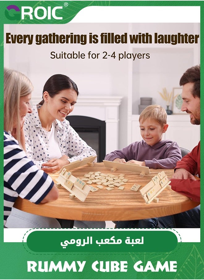 GROIC - Wood Rummy Cube Game Set, Large and Bright Number Edition Rummy Tiles, Family Classic Board Games Learning Puzzle Games for Kids & Aldults with 106 Tiles, 4 Playing Rack, 1 Timer (2-4 Players) - Image 1