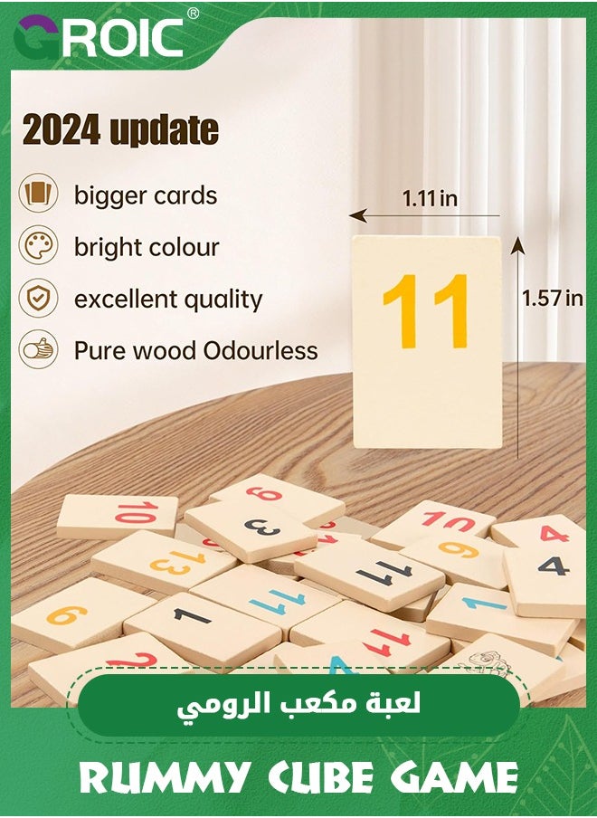 GROIC - Wood Rummy Cube Game Set, Large and Bright Number Edition Rummy Tiles, Family Classic Board Games Learning Puzzle Games for Kids & Aldults with 106 Tiles, 4 Playing Rack, 1 Timer (2-4 Players) - Image 1