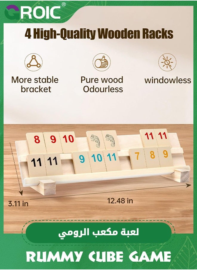 GROIC - Wood Rummy Cube Game Set, Large and Bright Number Edition Rummy Tiles, Family Classic Board Games Learning Puzzle Games for Kids & Aldults with 106 Tiles, 4 Playing Rack, 1 Timer (2-4 Players) - Image 1