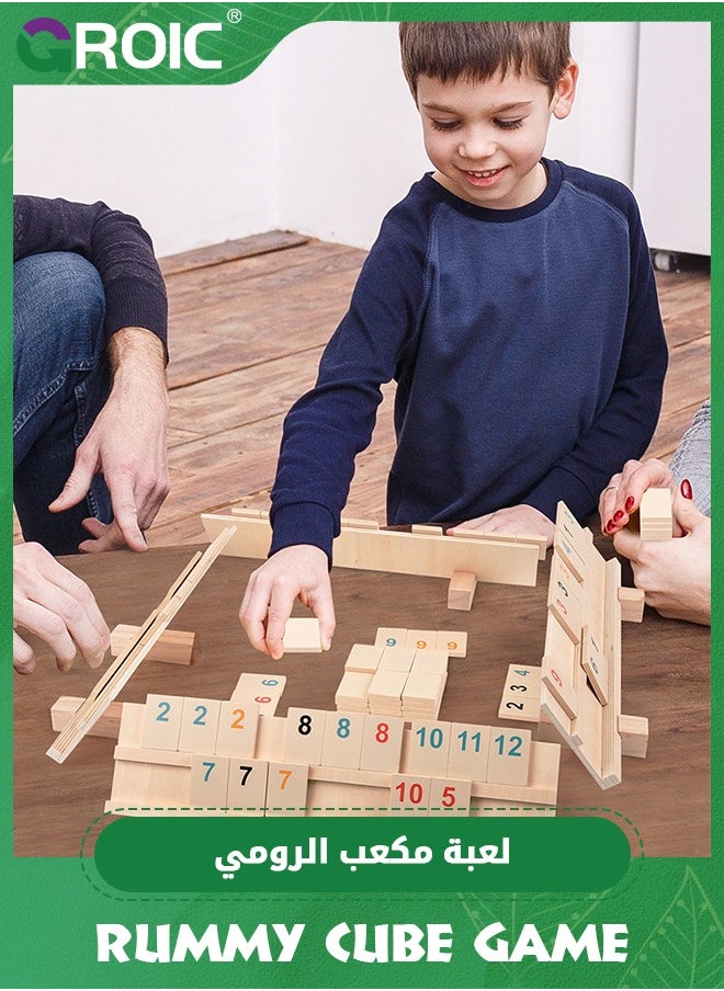 GROIC - Wood Rummy Cube Game Set, Large and Bright Number Edition Rummy Tiles, Family Classic Board Games Learning Puzzle Games for Kids & Aldults with 106 Tiles, 4 Playing Rack, 1 Timer (2-4 Players) - Image 1