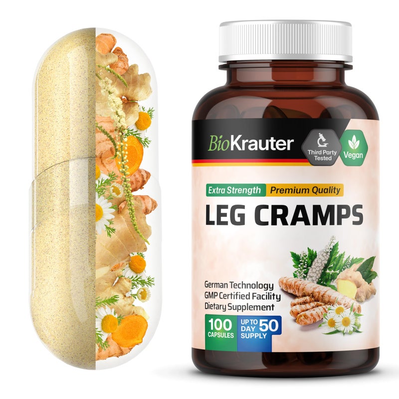 BIO KRAUTER BIO KRAUTER Leg Cramps Capsules with Magnesium 1200 mg Blend 100 Vegan Caps Turmeric Ginger for Leg Cramps Natural Formula Without Quinine