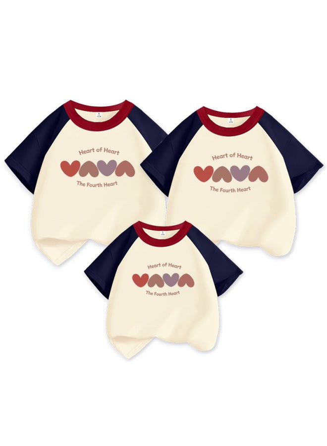 High-grade Love Mother's Dresses Summer Pure Cotton T-shirt Contrast Color Korean Casual Family Clothes Short-sleeved Baby's Jompon