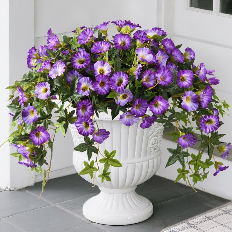 ZFProcess Artificial Fake Flowers Hanging Plants for Outdoor Spring Summer Decor, 2Pcs Faux Petunias Realistic Flowers Silk Morning Glory UV Resistant No Fade for Home Outside Garden Patio Yard Porch(Purple) - Image 1