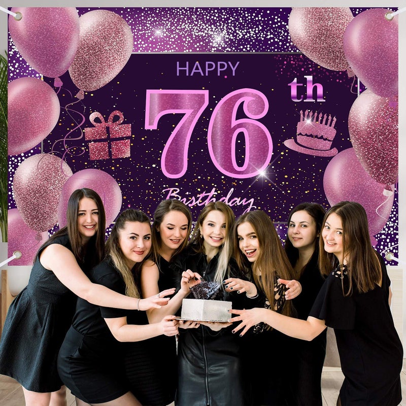 IMISI 76th Birthday Decorations for Girls IMISI Happy Birthday Banner Pink Decorations for A Party Birthday Backdrop for Women - Image 2