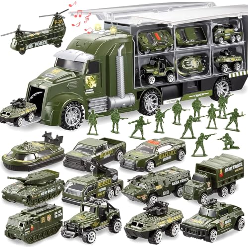JOYIN 25 in 1 Military Kids Truck Toys for Age 3 Toddler Boy Toys Army Men Tanks Set with Soldier Men Mini Battle Cars in Carrier Truck with Lights and Sounds Gifts for Grandkids Easter Basket - Image 1