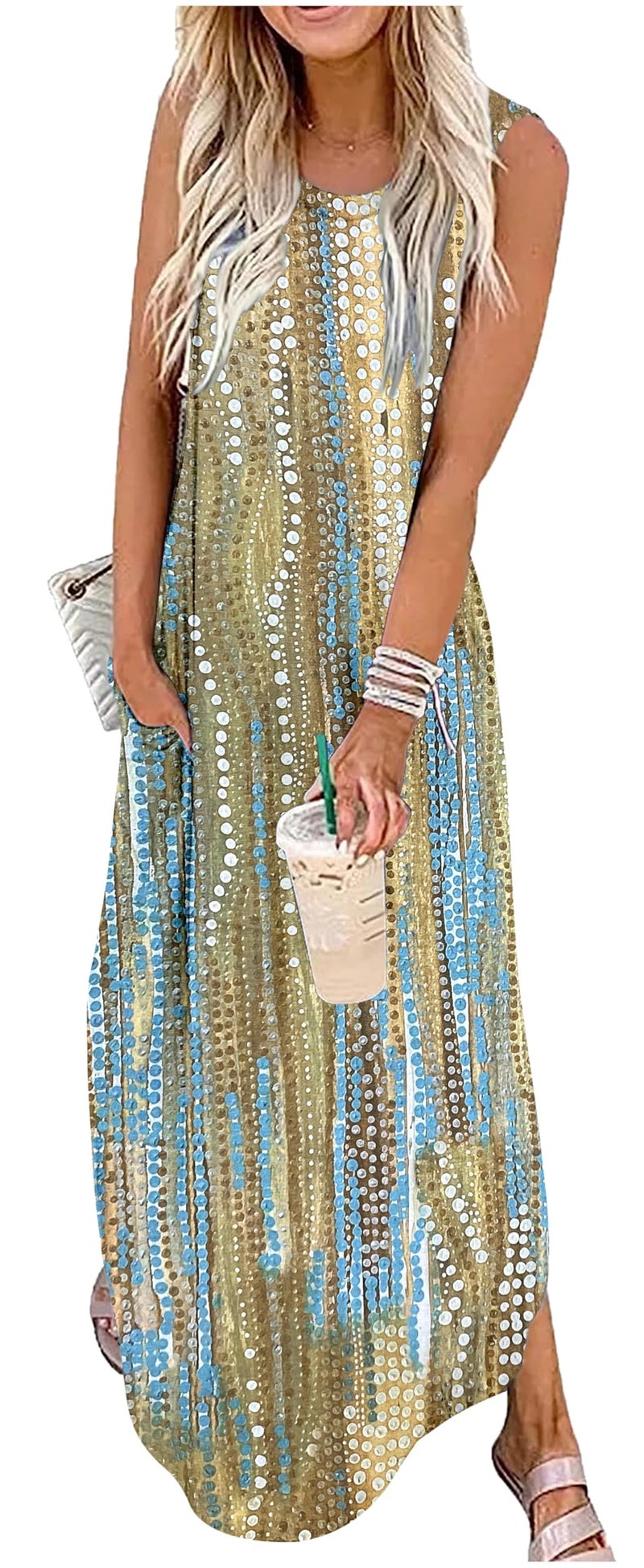 Womens Floral Boho Summer Dresses Casual Loose Sundress Long Dresses Striped Sleeveless Beach Maxi Dresses with PocketsXLargeDot Multicolor3