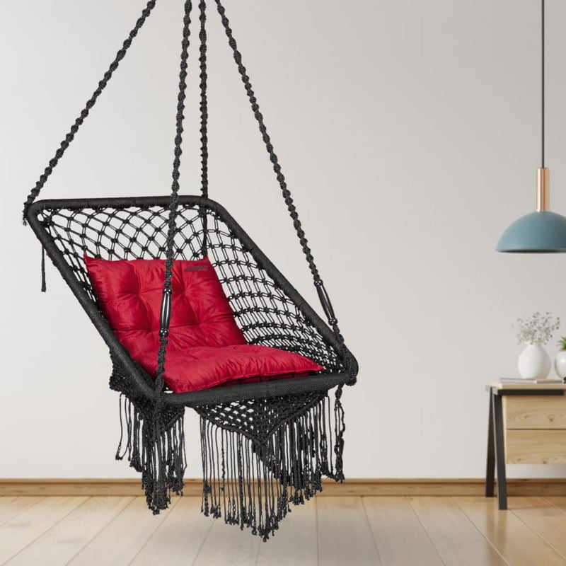 كرسي أرجوحة Swingzy Premium بشكل مستطيل لمقعد واحد للمنزل والحديقة أرجوحة هامة للبالغين أرجوحة للشرفة مجموعة تعليق كرسي أرجوحة للبالغين مع 1 وسادة حمراء على شكل L مجموعة تعليق سوداء