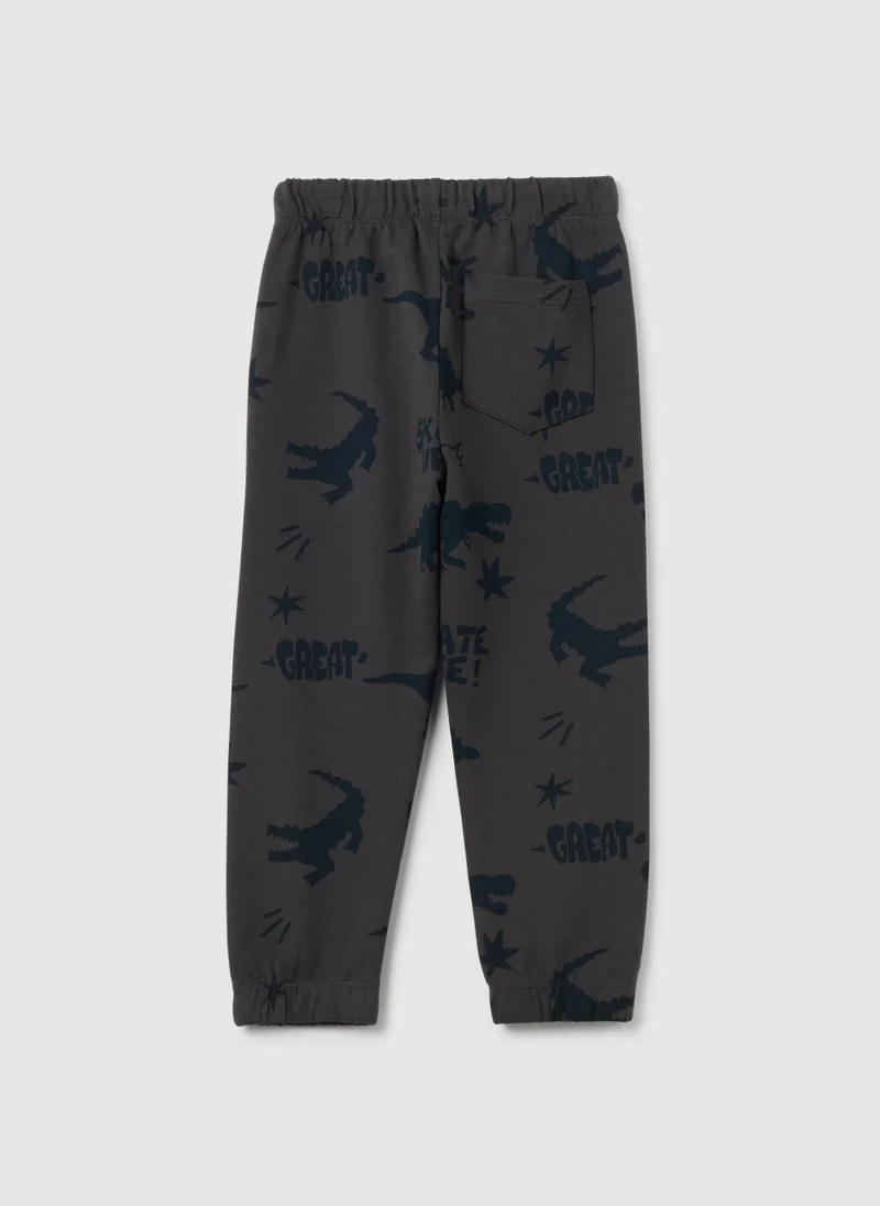 Ovs CHILDREN'S GREY PURE COTTON REGULAR FIT TROUSERS WITH DINOSAUR PRINT