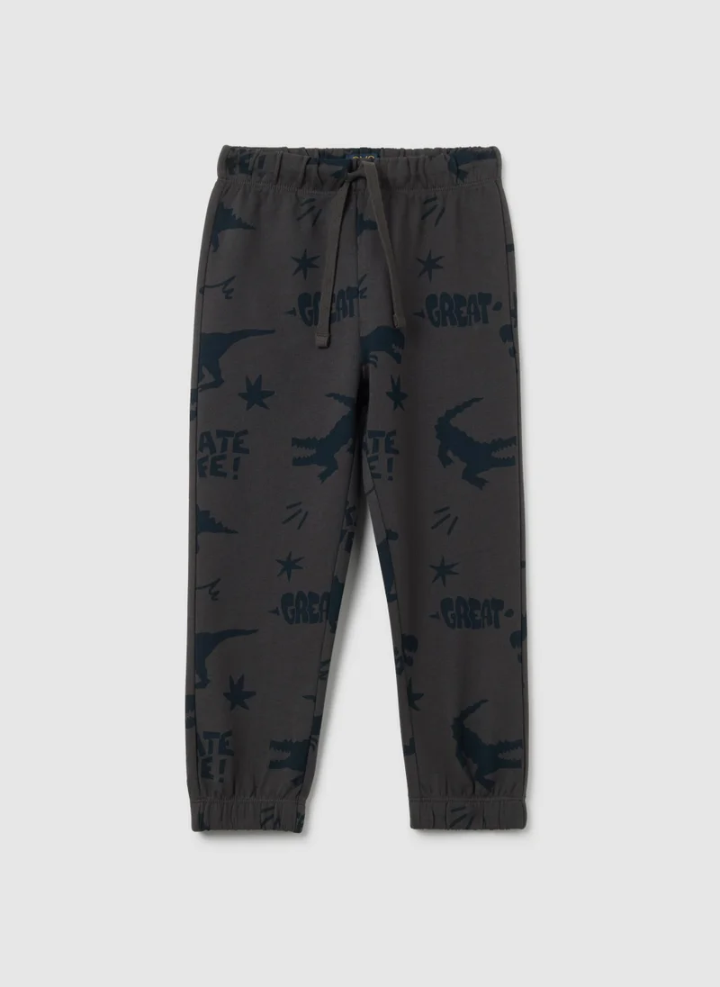 Ovs CHILDREN'S GREY PURE COTTON REGULAR FIT TROUSERS WITH DINOSAUR PRINT