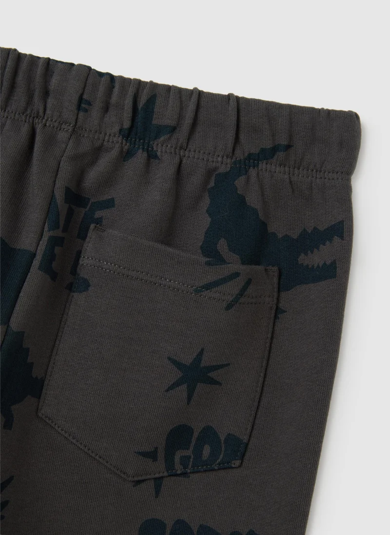 Ovs CHILDREN'S GREY PURE COTTON REGULAR FIT TROUSERS WITH DINOSAUR PRINT