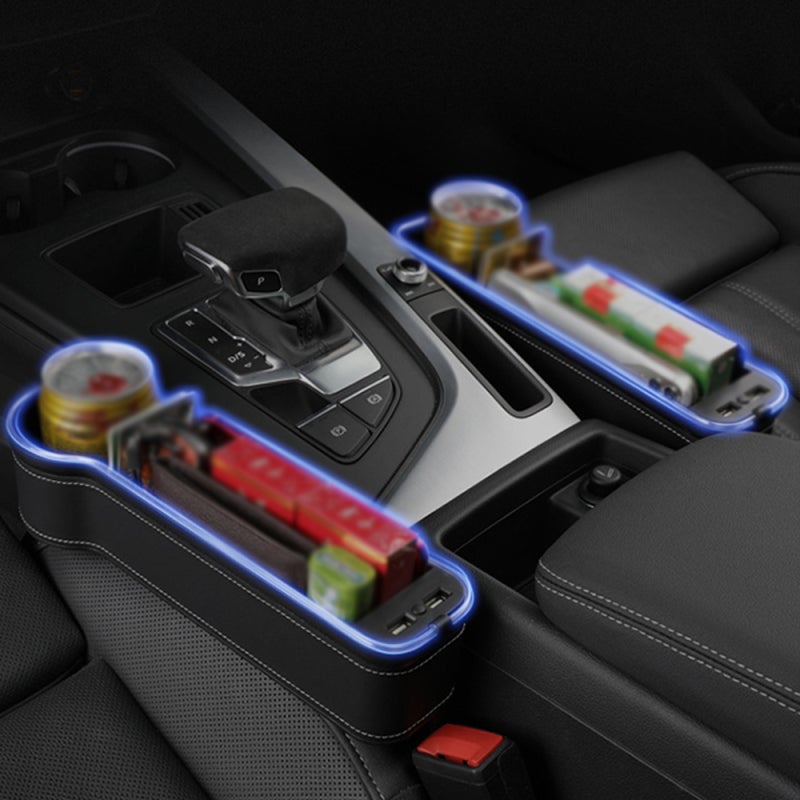 Car Seat Trough Filler Organizer with USB LED Lights, Cup Holder Car Storage Box with 2 Fast-Charging Port Interior Accessory - Image 2