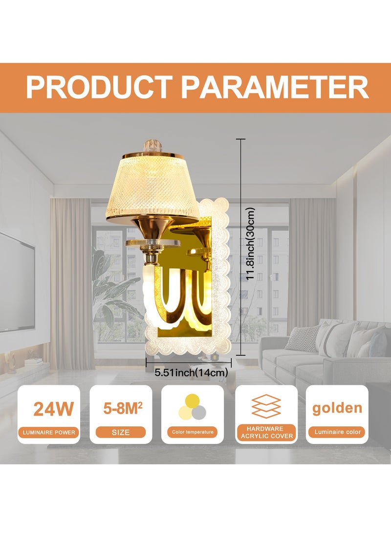 YATAI LIGHTING Gold Plated LED Wall Light,Wall Sconces,3-Colors Dimmable Bedside Wall Light Fixture for Living room, Dining room,Hallway,24W - Image 3