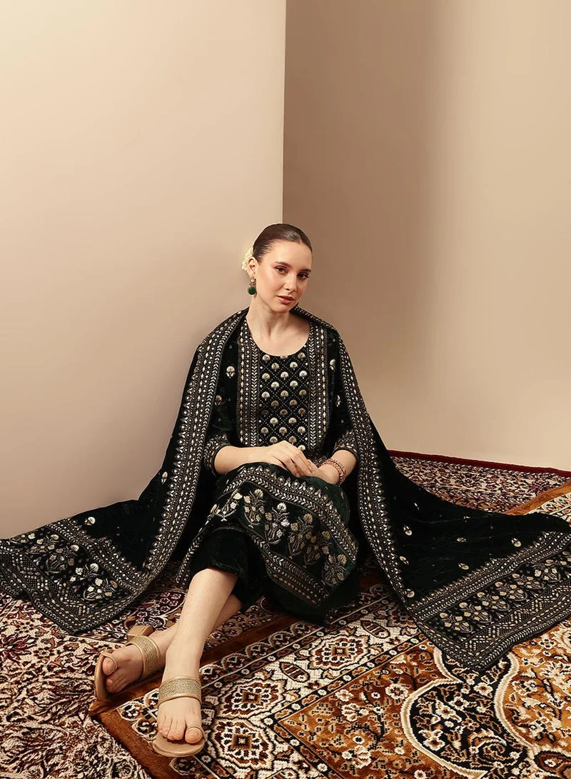 ISHIN Rich Dark Green Velvet Gold Print Straight Kurta sets with dupatta