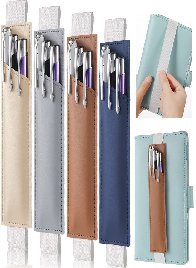 Clabby 4 Pieces Adjustable Pen Holder for Notebook Elastic Strap Band PU Leather Pen Sleeve Pouch for Hardcover Journals for Gift, 8-1.5 Inch(Khaki, Gray, Brown, Navy) - Image 1