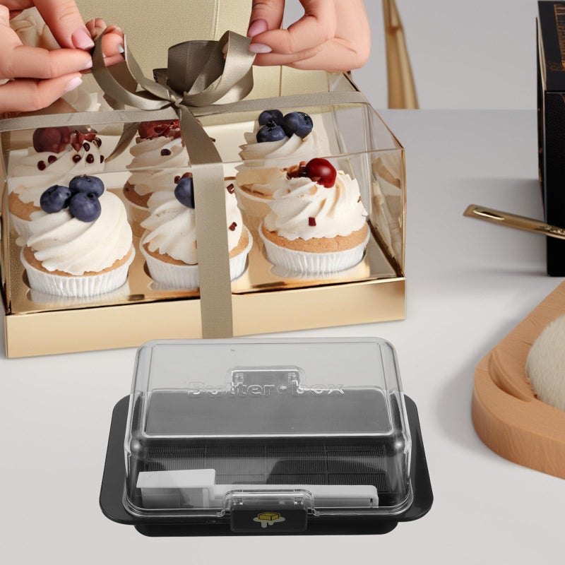 Wooden Butter Dish with Lid and Cutter Black Multi Use Fridge Storage Box Kitchen - Image 5