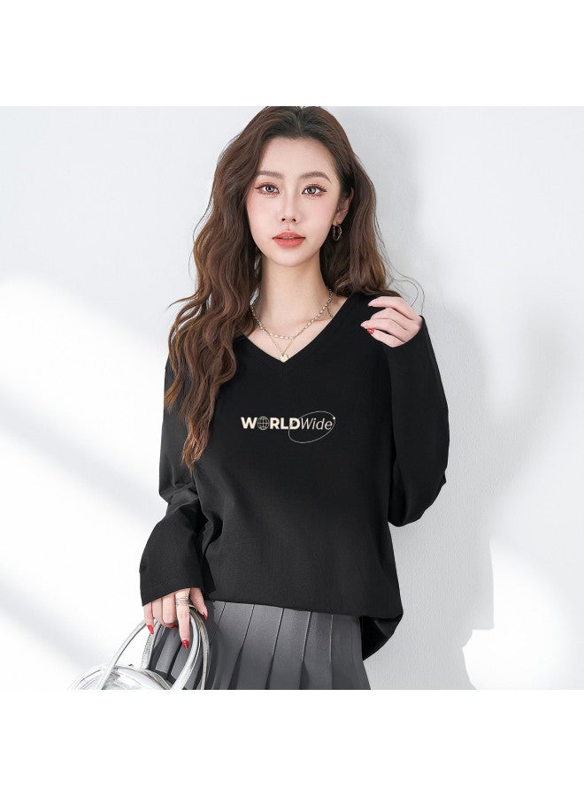 Baleno V-neck Long-sleeved T-shirt For Women, 2025 Autumn Loose Mid-length Top, Hip-covering Long-sleeved Outerwear For Women - Image 3