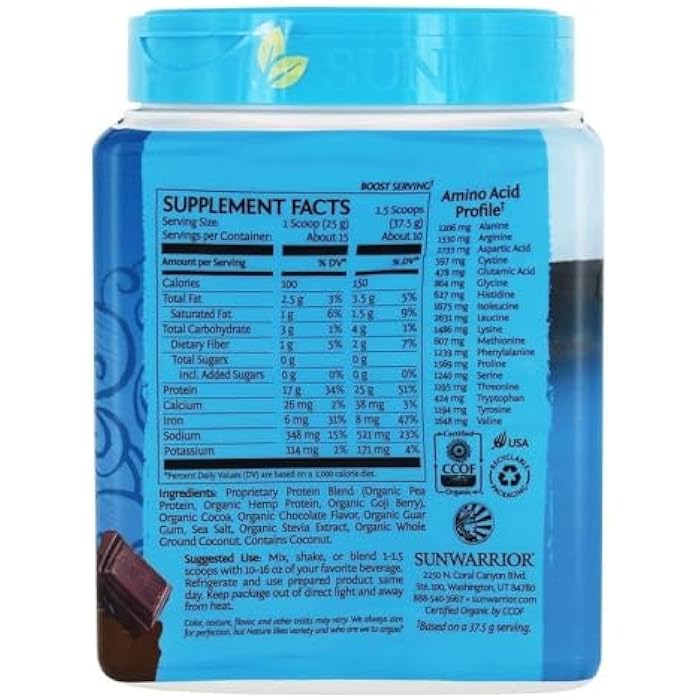 Sunwarrior - Warrior Blend, Plant Based, Raw Vegan Protein Powder with Peas & Hemp, Chocolate, 15 Servings - Image 2
