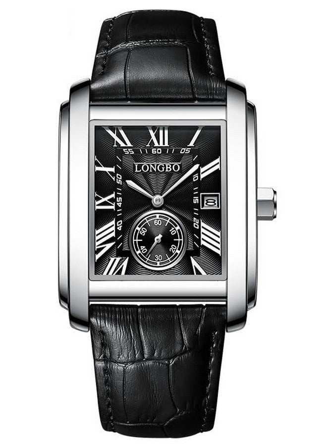 LONGBO Mens Watch Rectangular Shape Alloy Case Business Casual Genuine Leather Strap Watch With Seconds Subdial, Calendar Date, Scratch Resistant Waterproof Watch For Men (Black-Black, Analogue) - Image 1