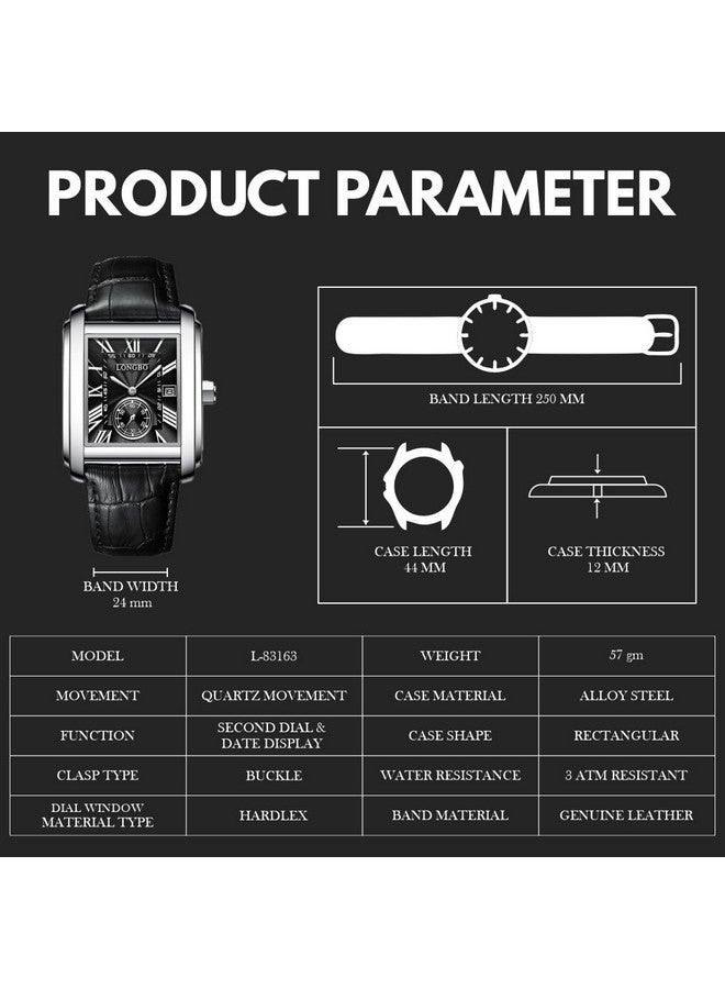 LONGBO Mens Watch Rectangular Shape Alloy Case Business Casual Genuine Leather Strap Watch With Seconds Subdial, Calendar Date, Scratch Resistant Waterproof Watch For Men (Black-Black, Analogue) - Image 3