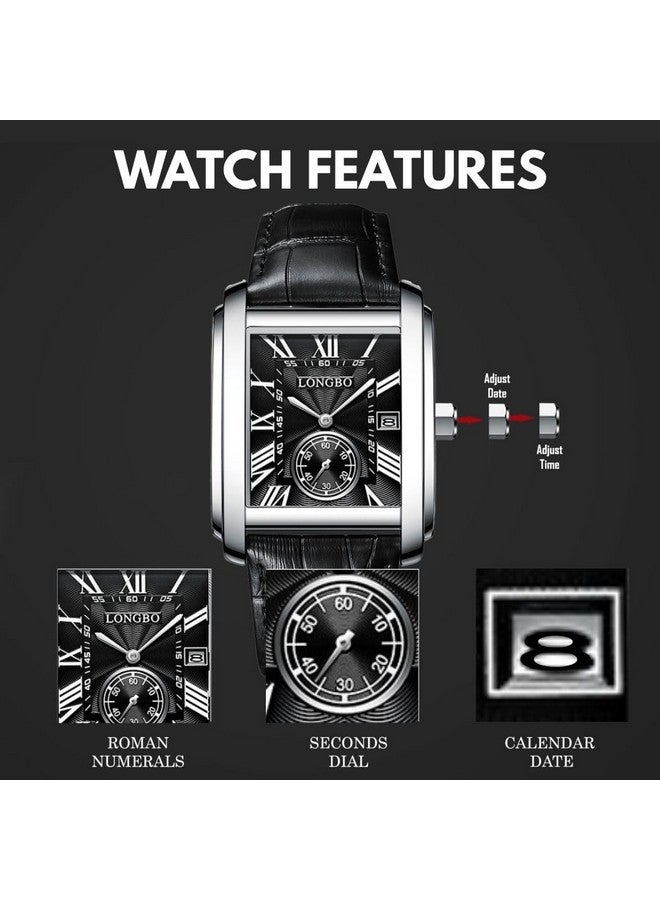 LONGBO Mens Watch Rectangular Shape Alloy Case Business Casual Genuine Leather Strap Watch With Seconds Subdial, Calendar Date, Scratch Resistant Waterproof Watch For Men (Black-Black, Analogue) - Image 2