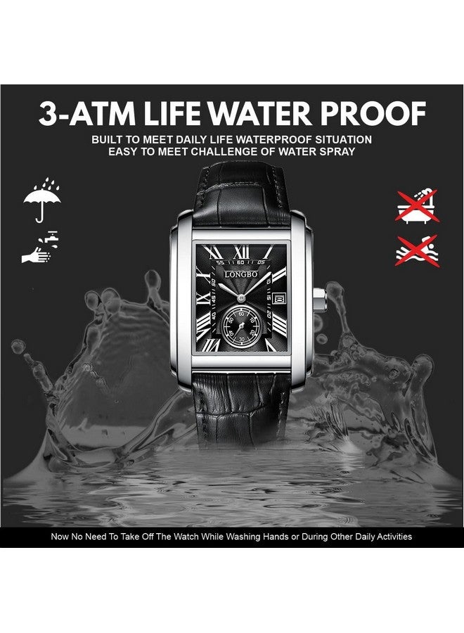 LONGBO Mens Watch Rectangular Shape Alloy Case Business Casual Genuine Leather Strap Watch With Seconds Subdial, Calendar Date, Scratch Resistant Waterproof Watch For Men (Black-Black, Analogue) - Image 5