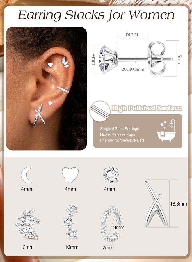 Jstyle 14K Gold Earrings for Women Trendy Hypoallergenic Surgical Steel Earring Stacks Cartilage Earring Sets for Multiple Piercing Small Cute CZ Studs Cuffs Women's Dainty Jewelry Gifts Silver - Image 5